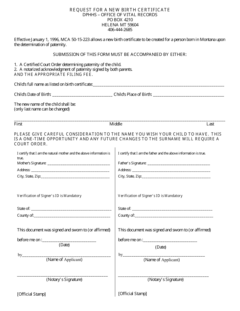 Montana Request For A New Birth Certificate Download Fillable Pdf 