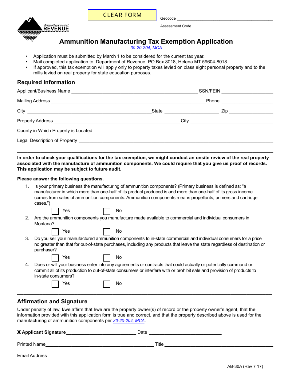 Form AB-30A Ammunition Manufacturing Tax Exemption Application - Montana, Page 1