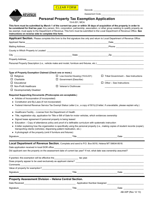 Form AB-30P Personal Property Tax Exemption Application - Montana
