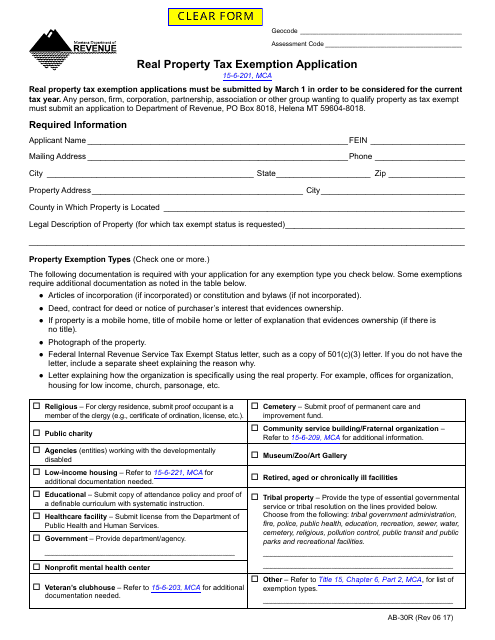 Form AB-30R Real Property Tax Exemption Application - Montana