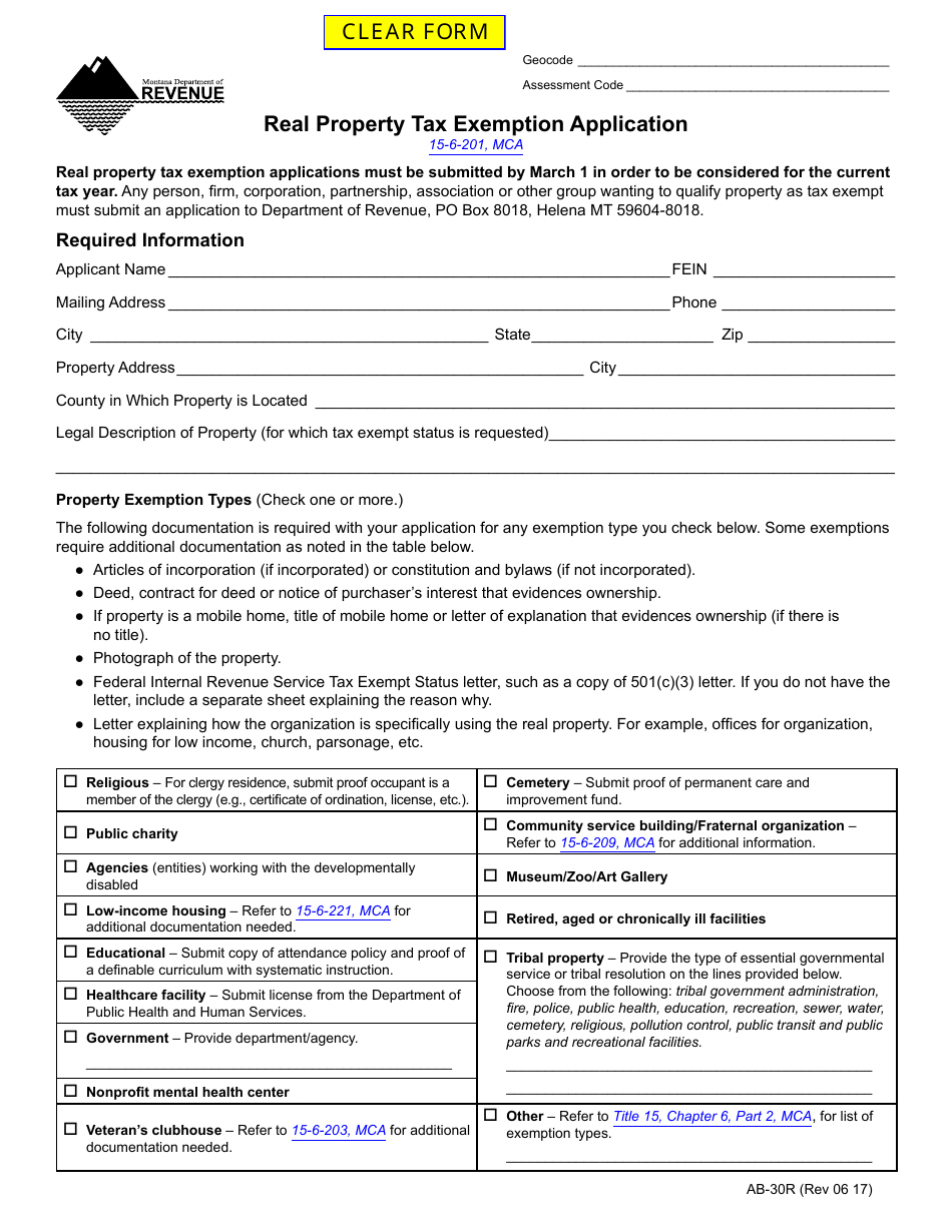 Form AB-30R Real Property Tax Exemption Application - Montana, Page 1