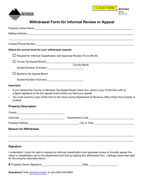Form AB-63 Withdrawal Form for Informal Review or Appeal - Montana