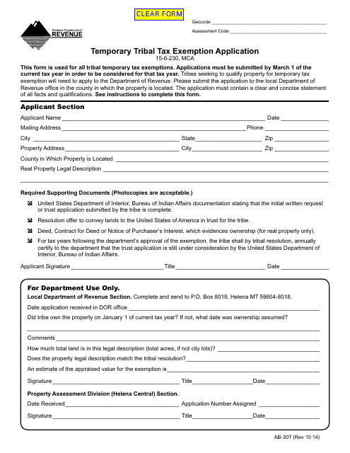 Form AB-30T Temporary Tribal Tax Exemption Application - Montana