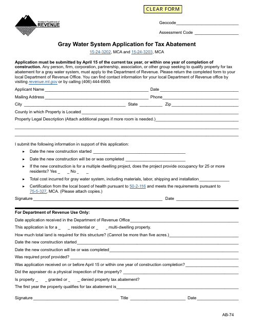 Form AB-74 Gray Water System Application for Tax Abatement - Montana