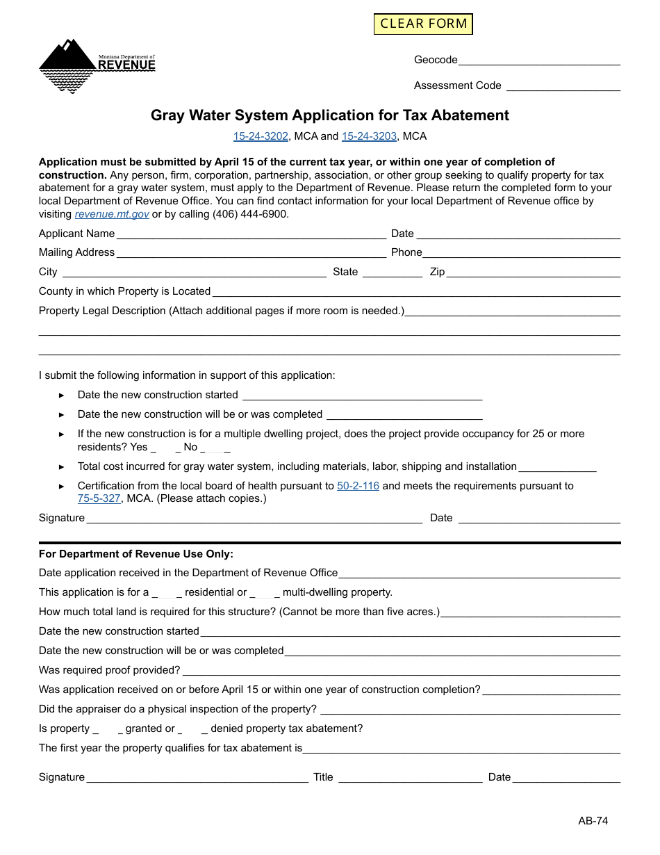 Form AB-74 Gray Water System Application for Tax Abatement - Montana, Page 1
