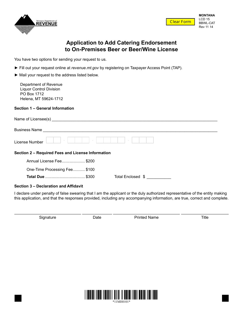 Form BBWL-CAT Application to Add Catering Endorsement to on-Premises Beer or Beer / Wine License - Montana, Page 1