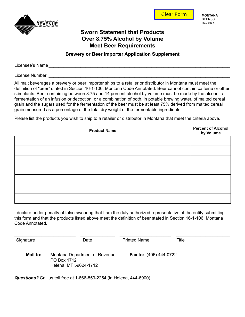 Form BEERSS Sworn Statement That Products Over 8.75% Alcohol by Volume Meet Beer Requirements - Brewery or Beer Importer Application Supplement - Montana, Page 1