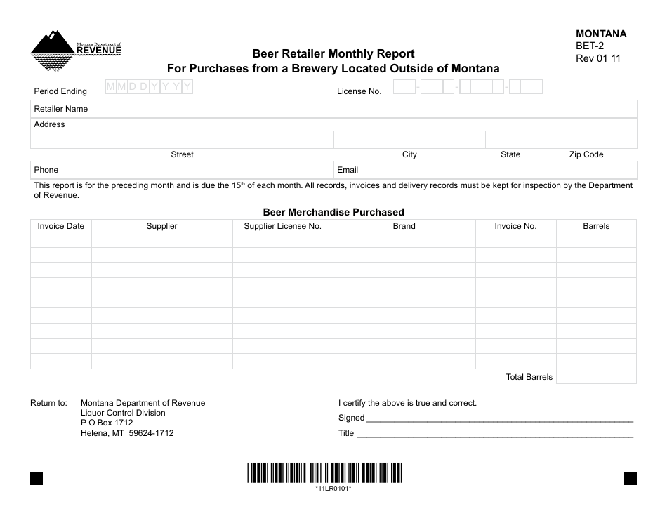 Form BET-2 Beer Retailer Monthly Report for Purchases From a Brewery Located Outside of Montana - Montana, Page 1