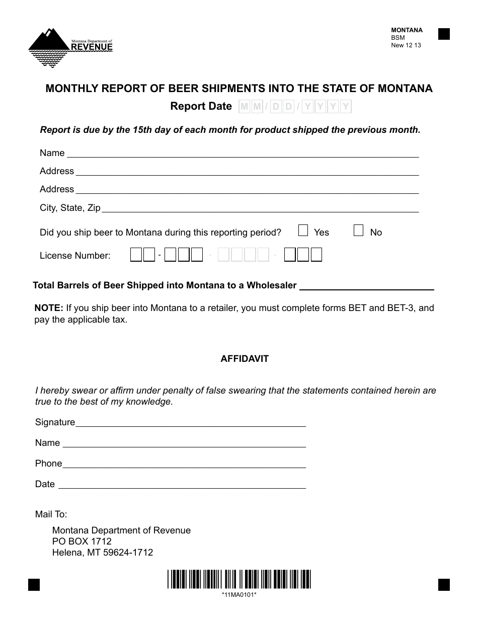 Form BSM Monthly Report of Beer Shipments Into the State of Montana - Montana, Page 1