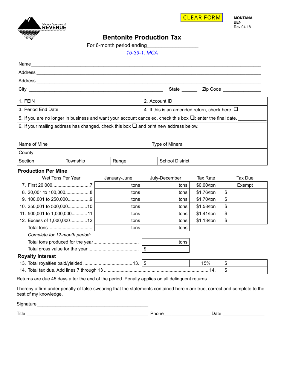 Form BEN Bentonite Production Tax - Montana, Page 1