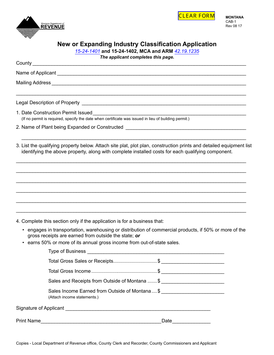 Form CAB-1 New or Expanding Industry Classification Application - Montana, Page 1