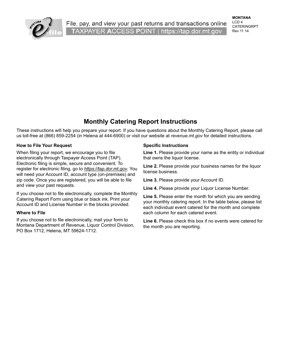 Form CATERINGRPT Monthly Catering Report - Montana, Page 1