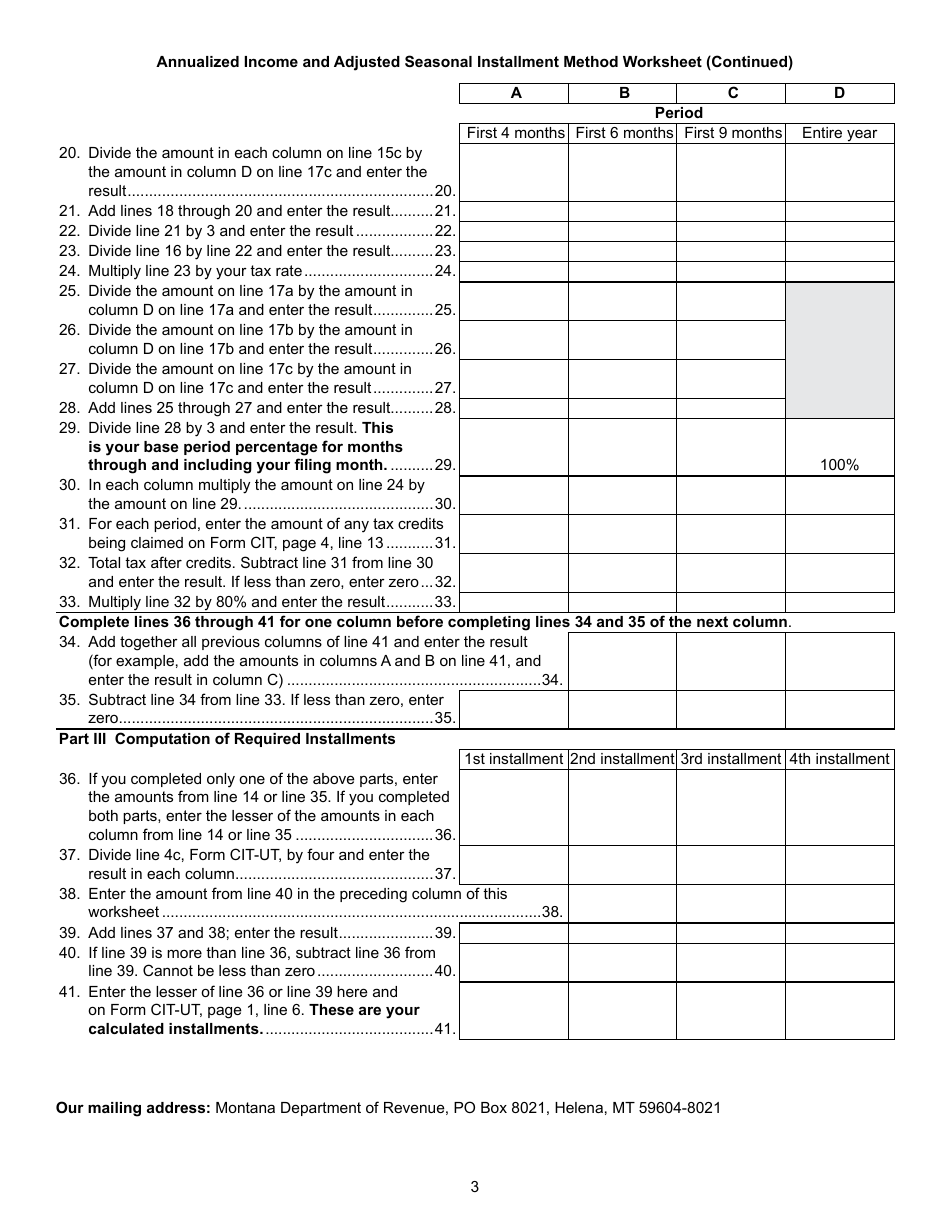 Form CIT-UT Underpayment of Estimated Tax by Corporation - Montana, Page 3