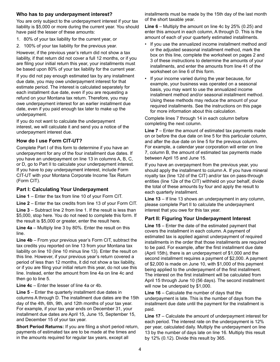Form CIT-UT Underpayment of Estimated Tax by Corporation - Montana, Page 4