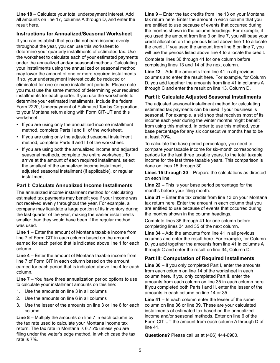 Form CIT-UT Underpayment of Estimated Tax by Corporation - Montana, Page 5