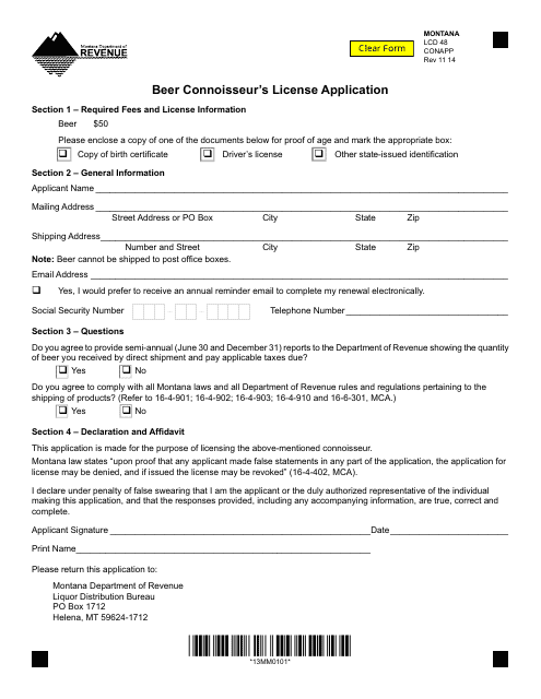 Form CONAPP Beer Connoisseur's License Application - Montana