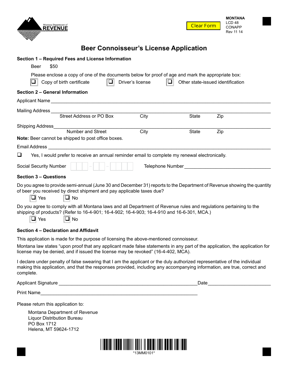 Form CONAPP Beer Connoisseurs License Application - Montana, Page 1