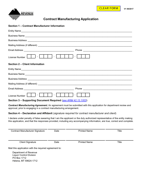 Contract Manufacturing Application Form - Montana Download Pdf