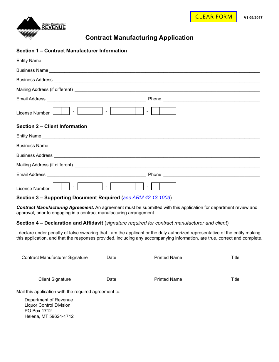 Contract Manufacturing Application Form - Montana, Page 1