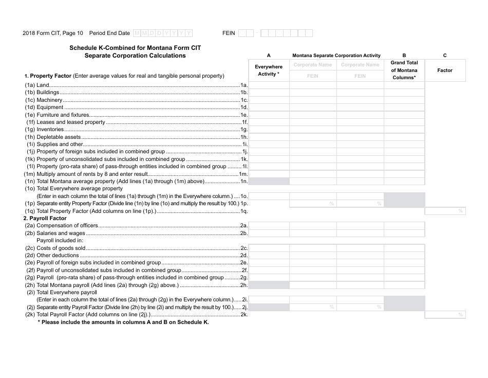 Form CIT Montana Corporate Income Tax Return - Montana, Page 10
