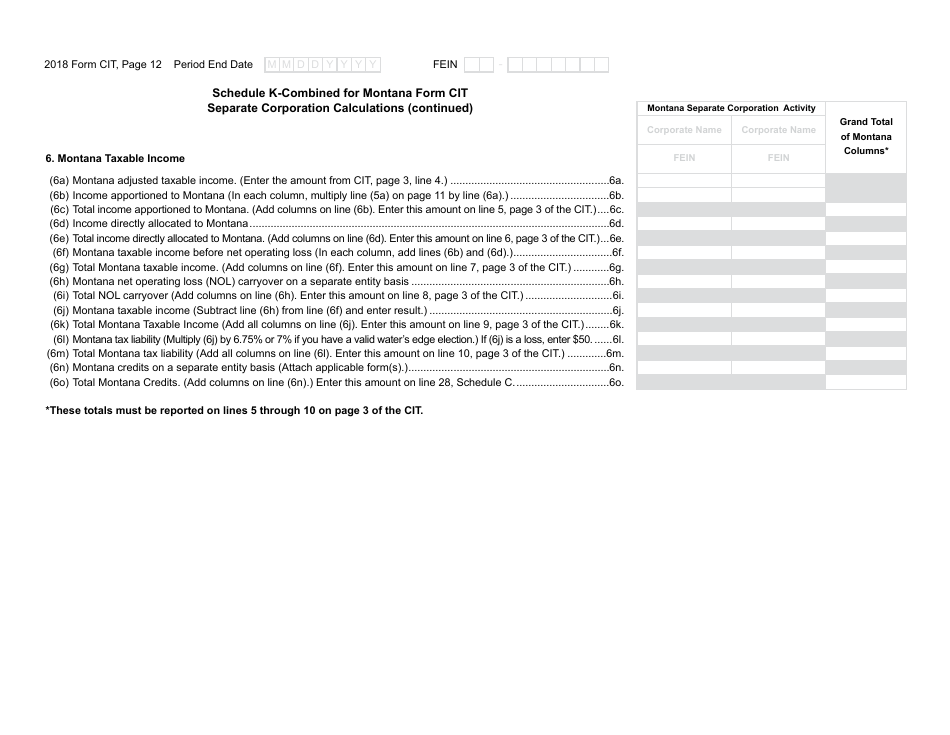 Form CIT Montana Corporate Income Tax Return - Montana, Page 12
