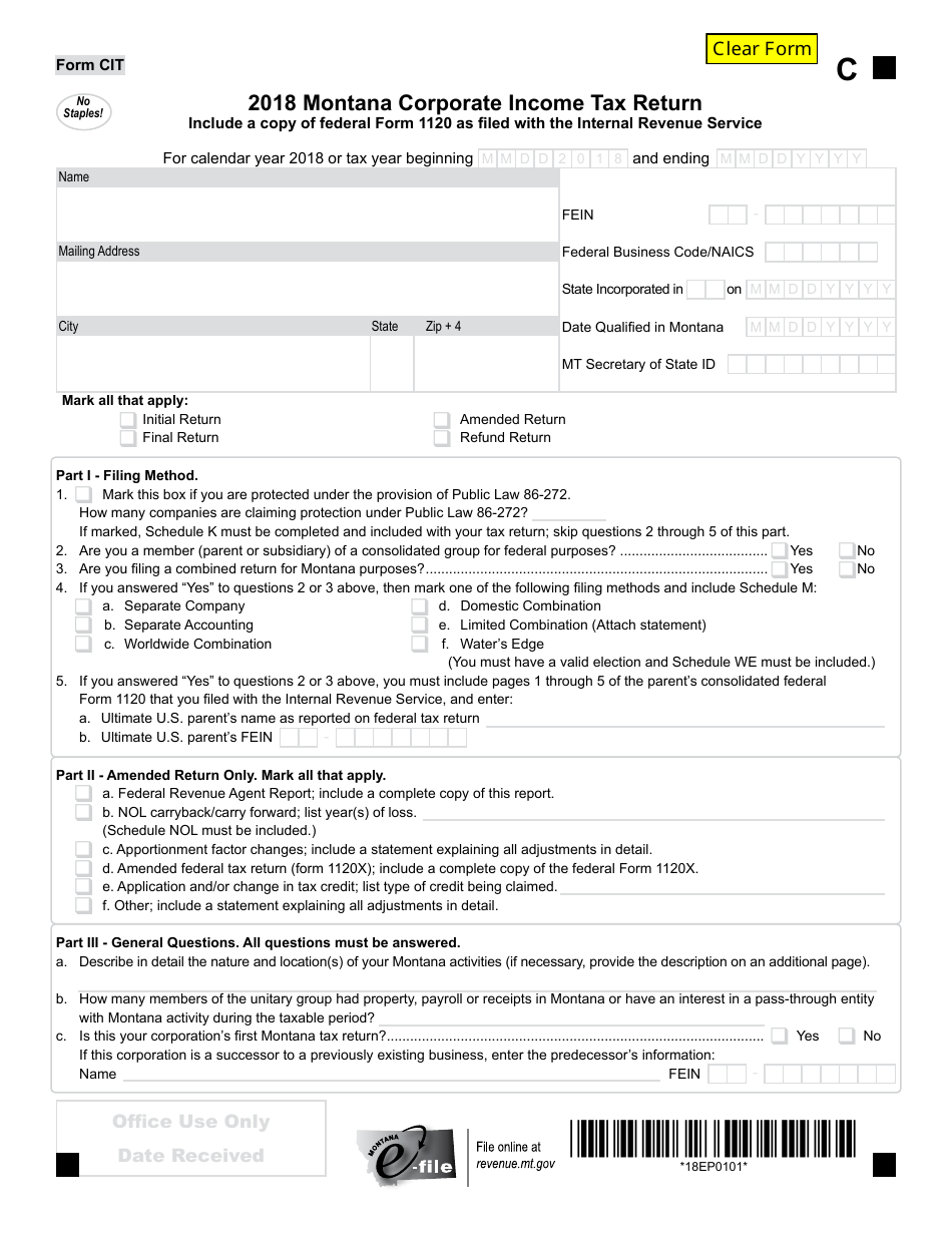 Form CIT Montana Corporate Income Tax Return - Montana, Page 1