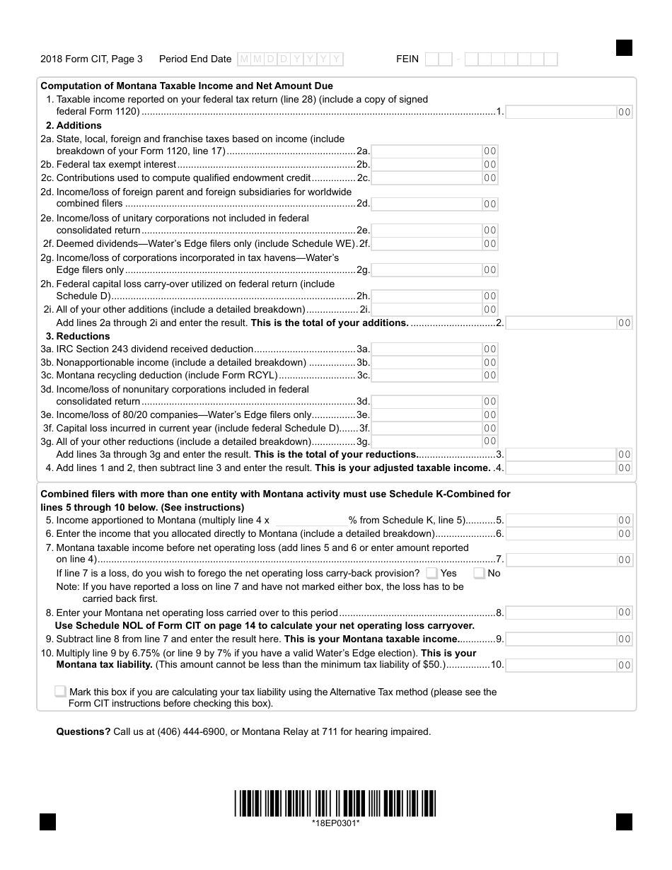Form CIT Montana Corporate Income Tax Return - Montana, Page 3
