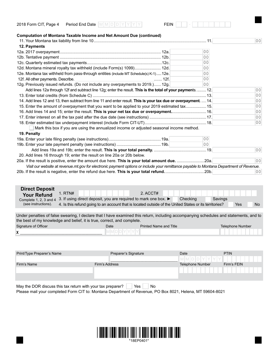Form CIT Montana Corporate Income Tax Return - Montana, Page 4