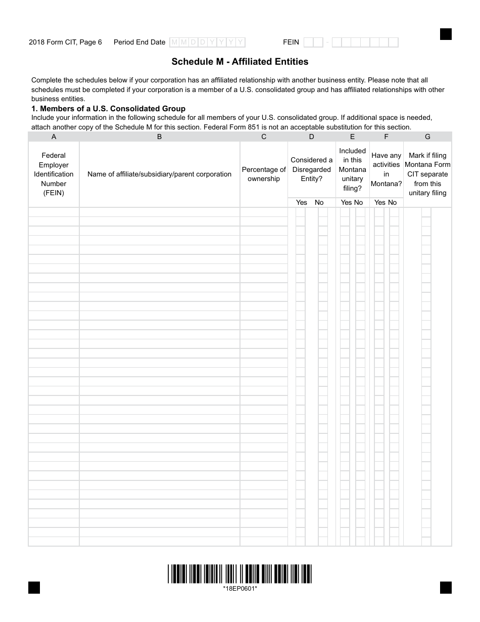Form CIT Montana Corporate Income Tax Return - Montana, Page 6