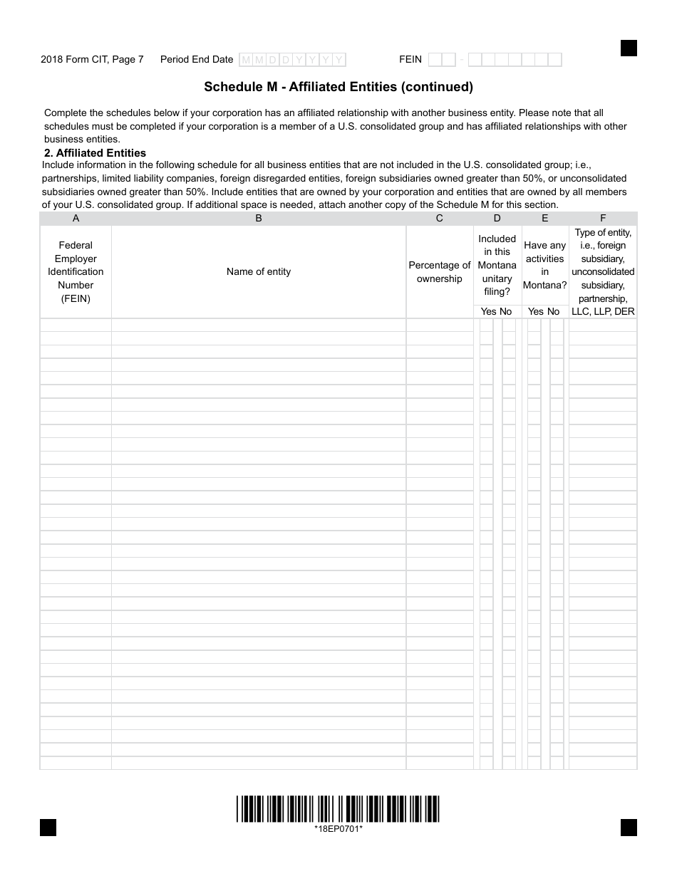 Form CIT Montana Corporate Income Tax Return - Montana, Page 7