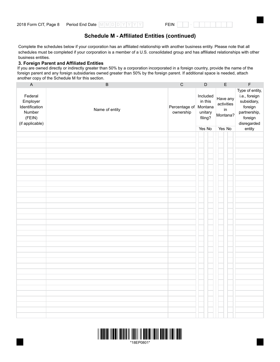 Form CIT Montana Corporate Income Tax Return - Montana, Page 8