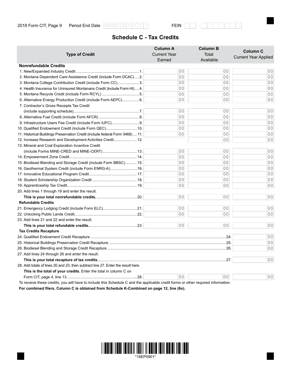 Form CIT Montana Corporate Income Tax Return - Montana, Page 9
