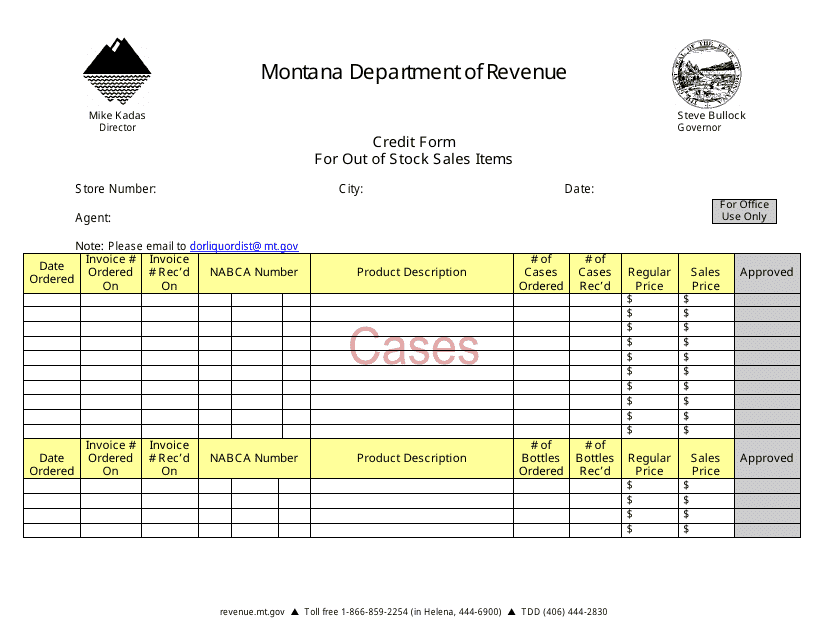 Credit Form for out of Stock Sales Items - Montana