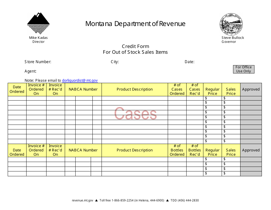 Credit Form for out of Stock Sales Items - Montana, Page 1