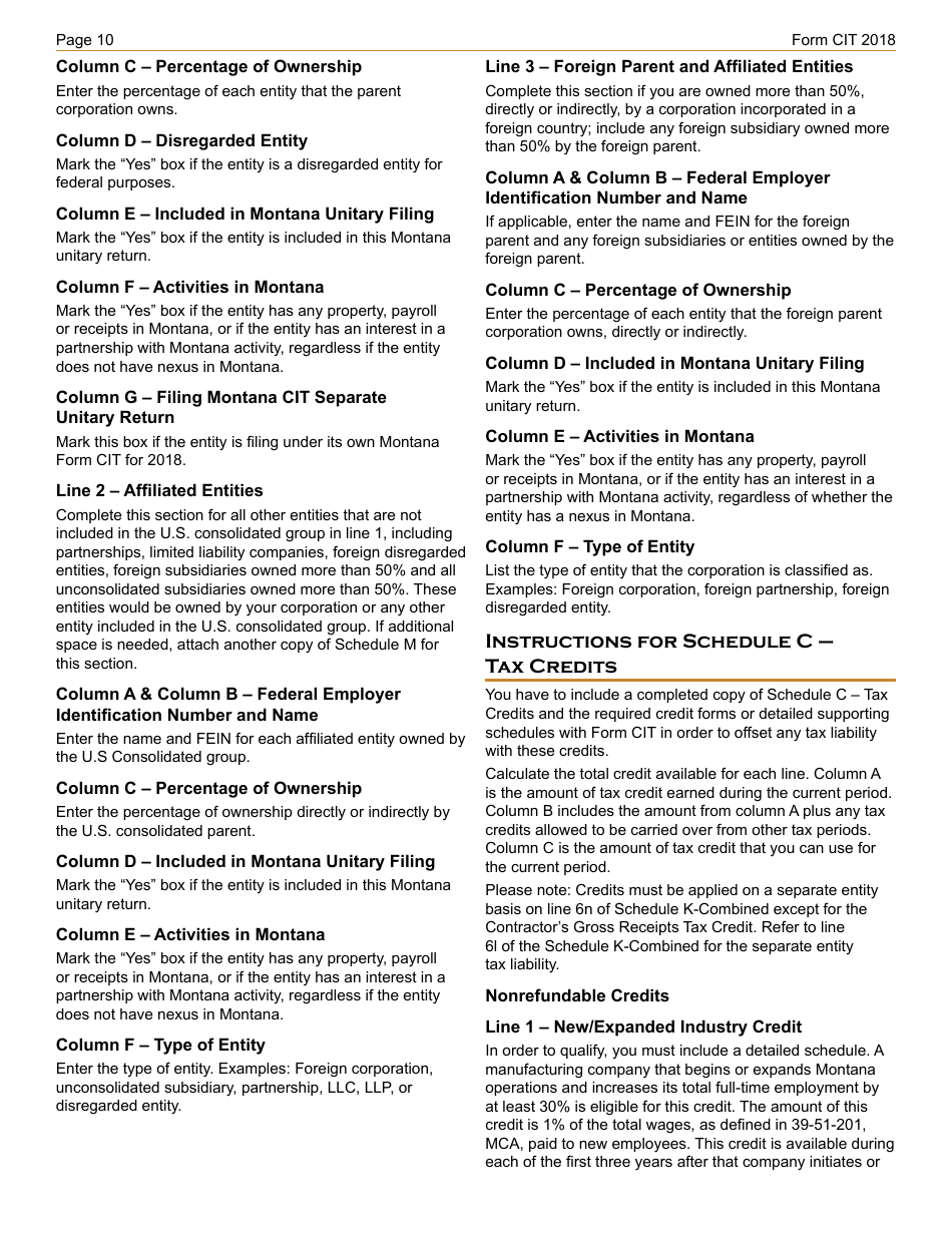 Instructions for Form CIT Montana Corporate Income Tax Return - Montana, Page 10