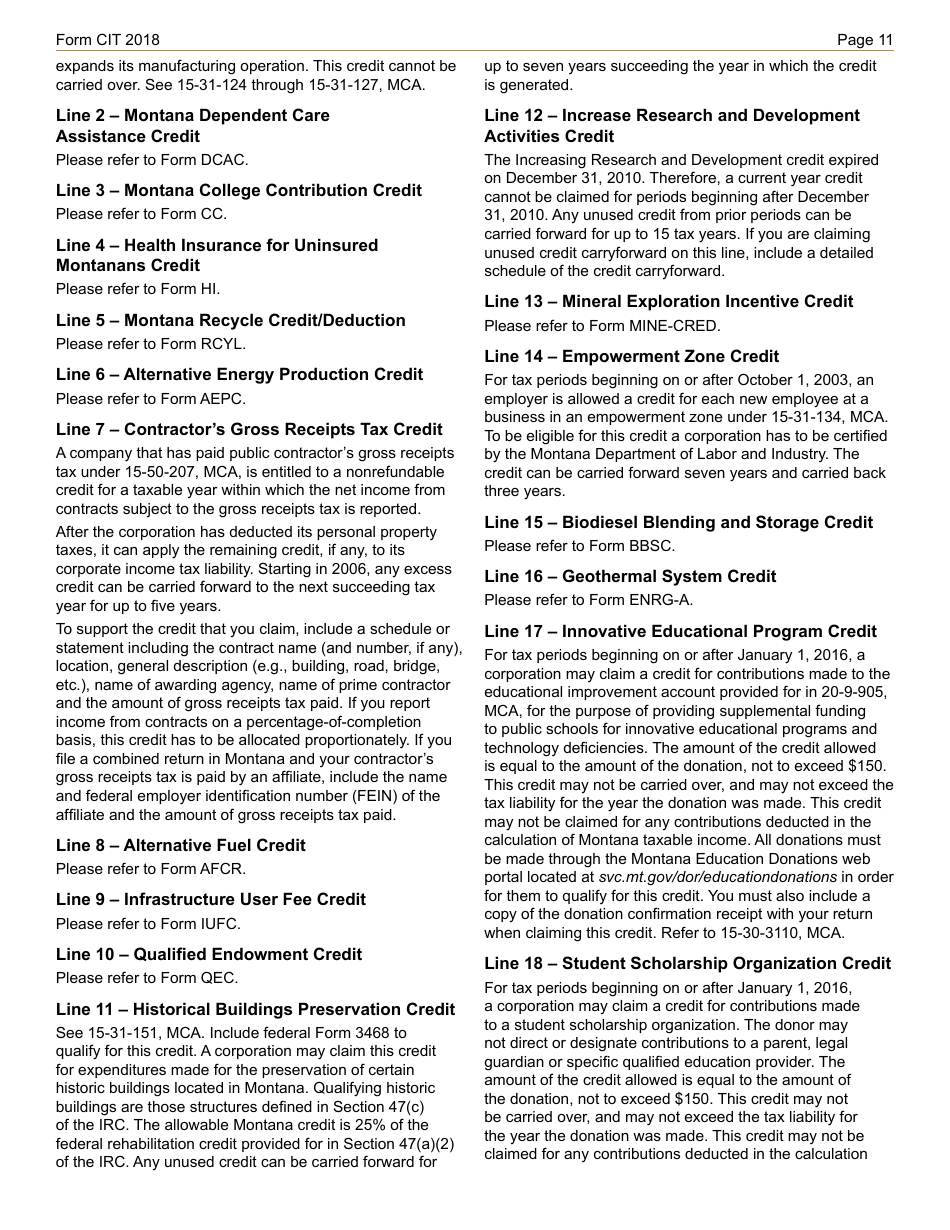 Instructions for Form CIT Montana Corporate Income Tax Return - Montana, Page 11