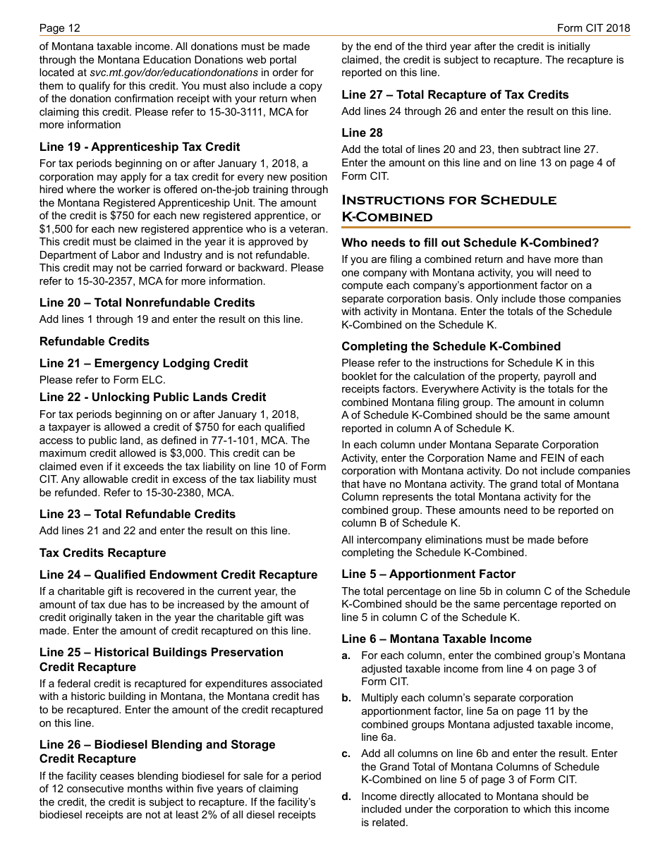 Instructions for Form CIT Montana Corporate Income Tax Return - Montana, Page 12