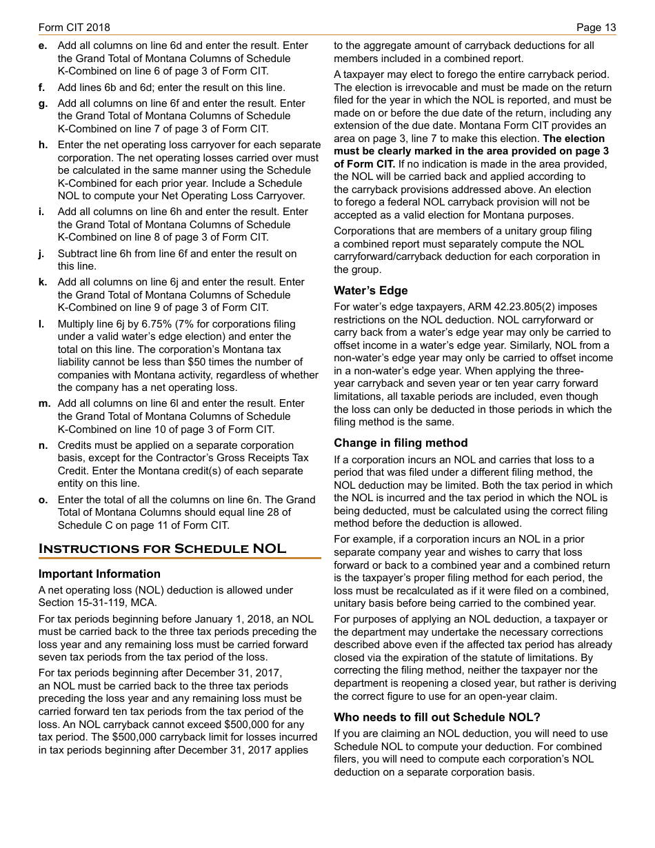 Instructions for Form CIT Montana Corporate Income Tax Return - Montana, Page 13