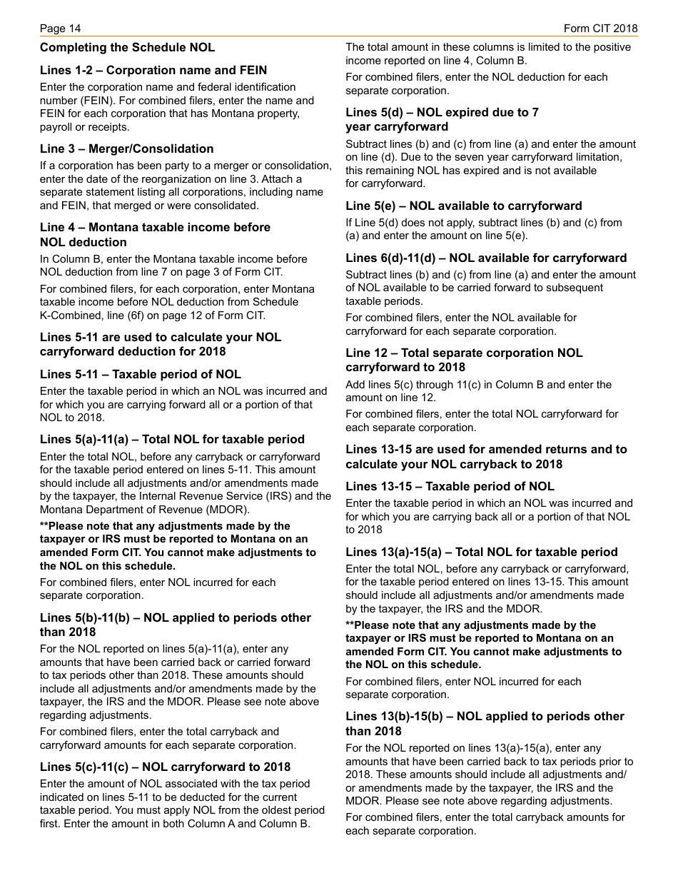 Instructions for Form CIT Montana Corporate Income Tax Return - Montana, Page 14