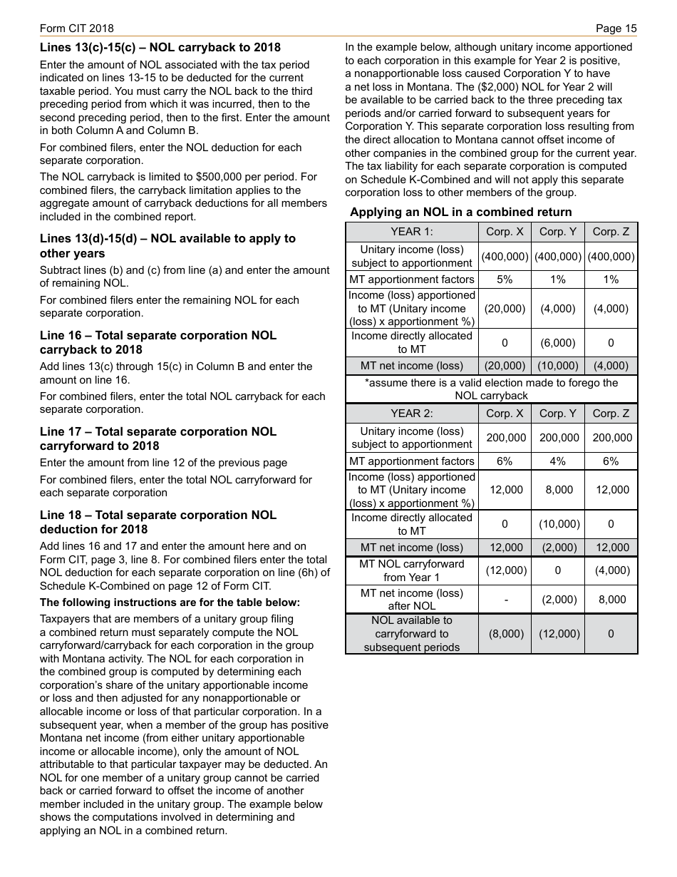 Download Instructions for Form CIT Montana Corporate Income Tax Return ...