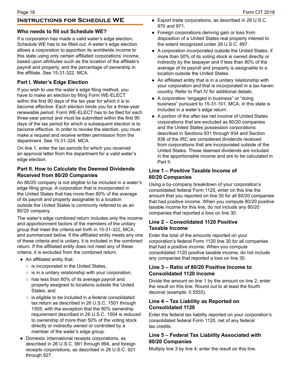 Instructions for Form CIT Montana Corporate Income Tax Return - Montana, Page 16