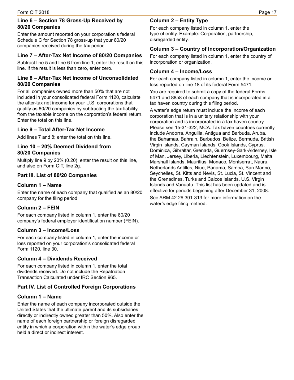 Instructions for Form CIT Montana Corporate Income Tax Return - Montana, Page 17