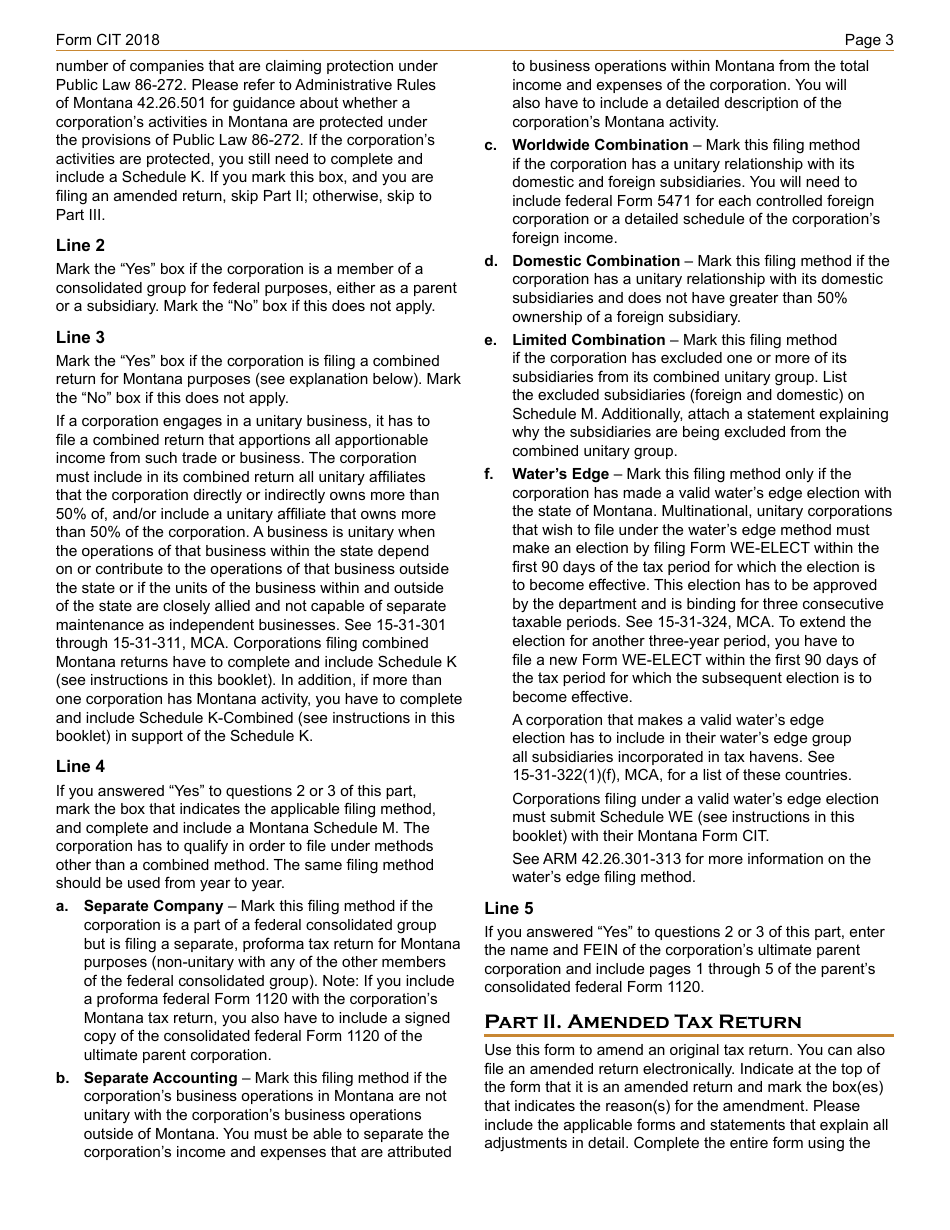 Instructions for Form CIT Montana Corporate Income Tax Return - Montana, Page 3