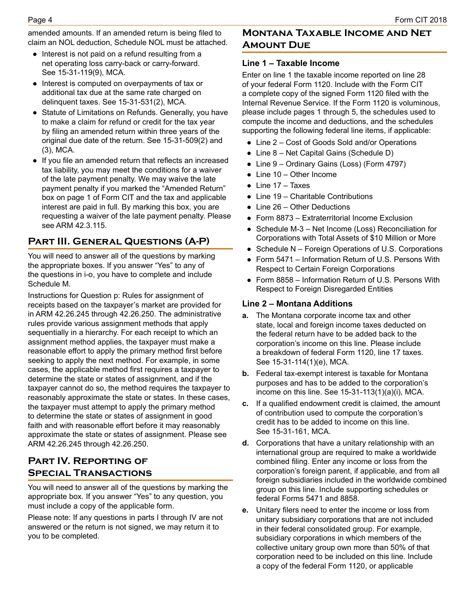 Instructions for Form CIT Montana Corporate Income Tax Return - Montana, Page 4