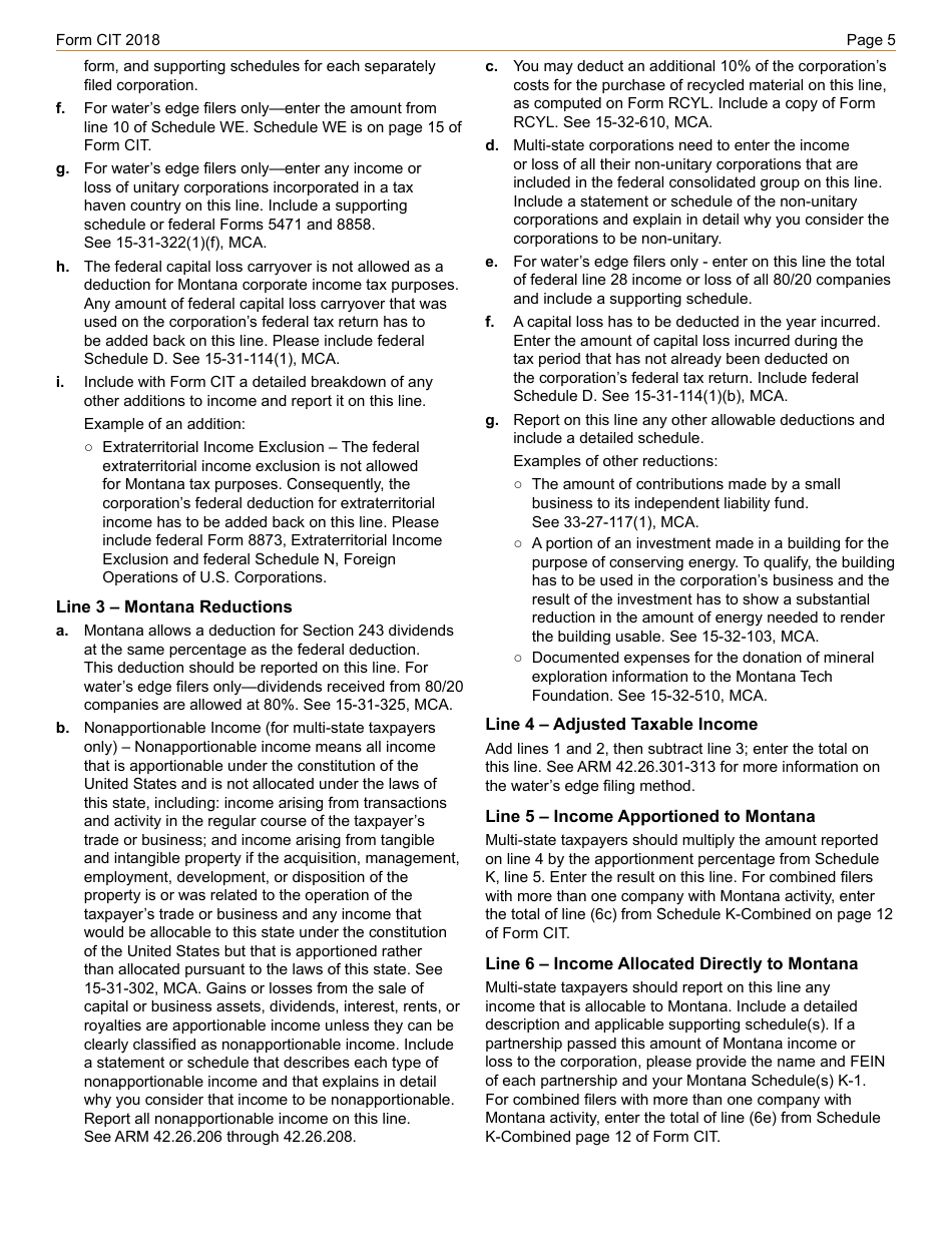 Instructions for Form CIT Montana Corporate Income Tax Return - Montana, Page 5