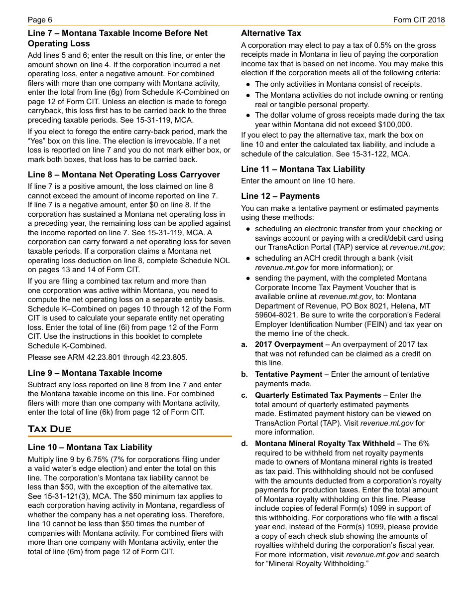 Instructions for Form CIT Montana Corporate Income Tax Return - Montana, Page 6