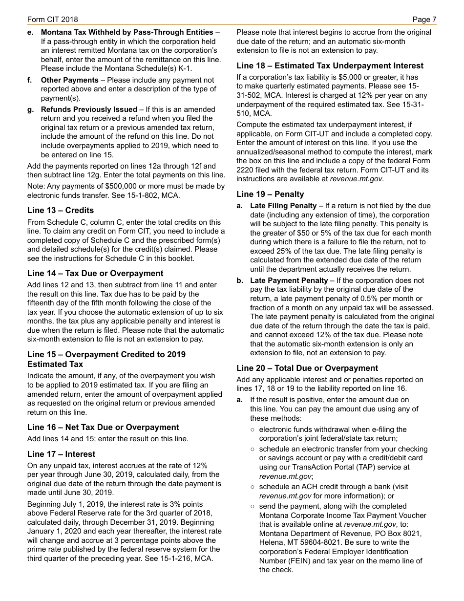 Download Instructions for Form CIT Montana Corporate Income Tax Return ...