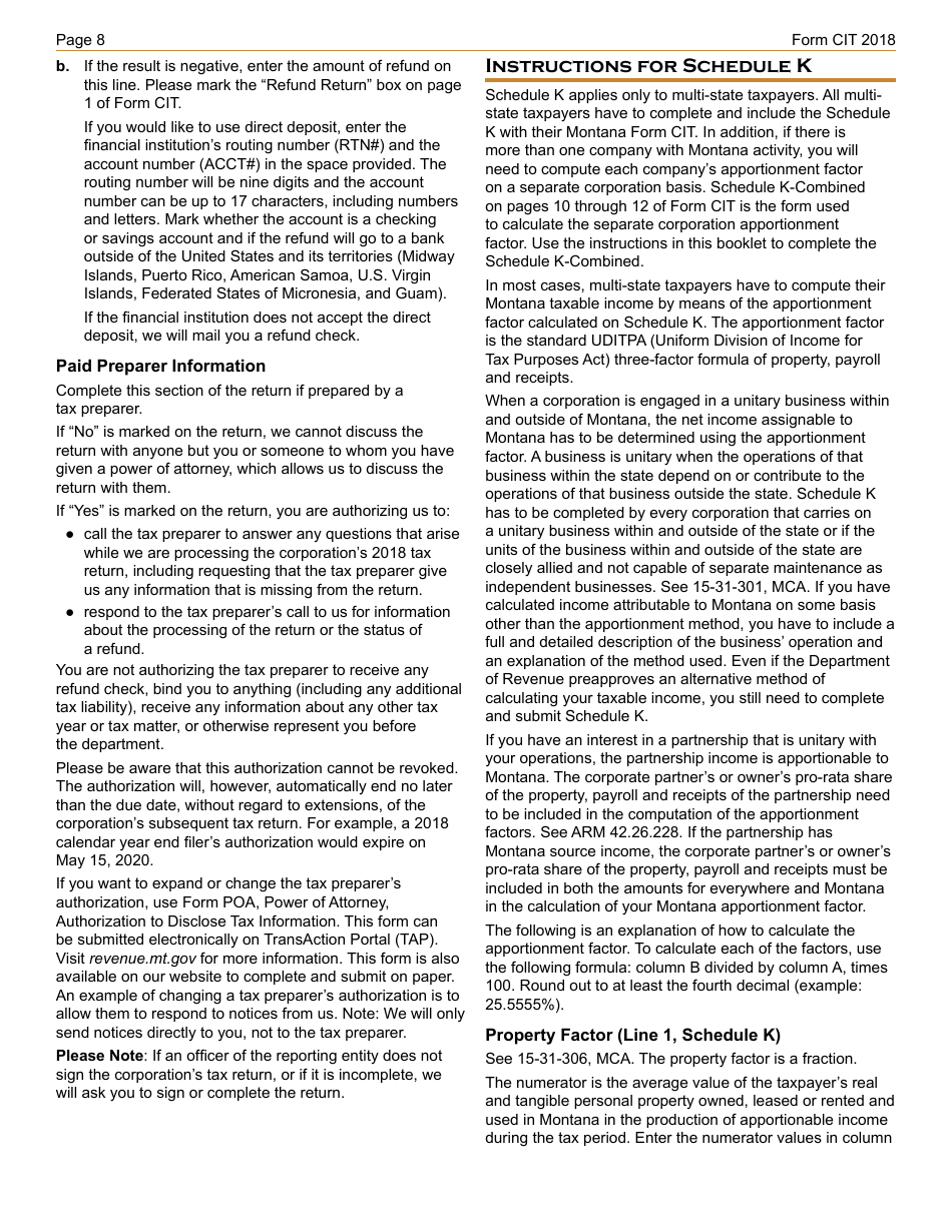 Instructions for Form CIT Montana Corporate Income Tax Return - Montana, Page 8