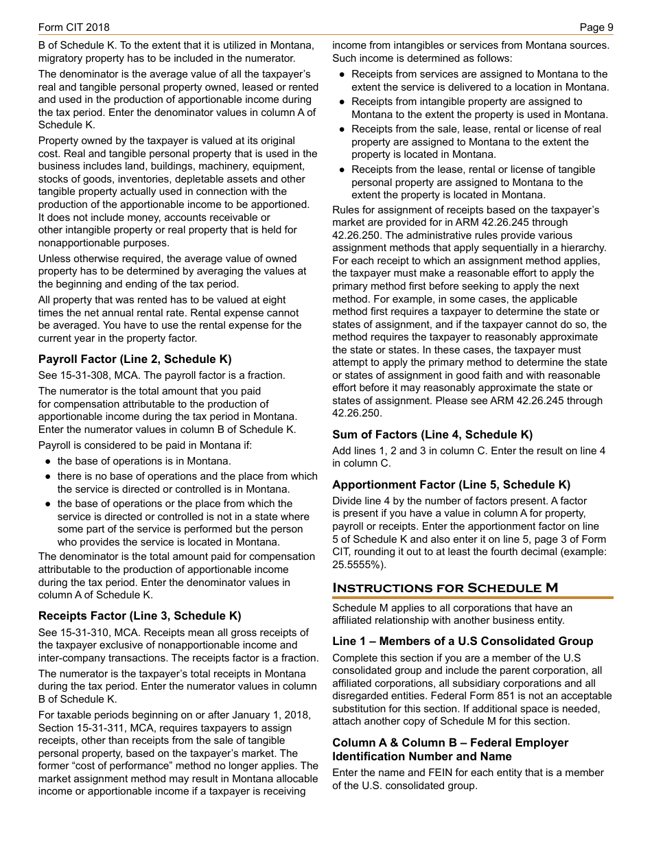 Instructions for Form CIT Montana Corporate Income Tax Return - Montana, Page 9