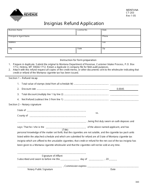 Form CT-203 Insignias Refund Application - Montana